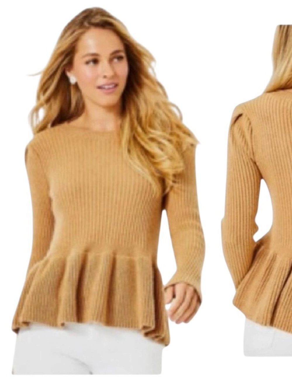 Lilly Pulitzer Ribbed Peplum scoop neck Sweater Camel midweight size large